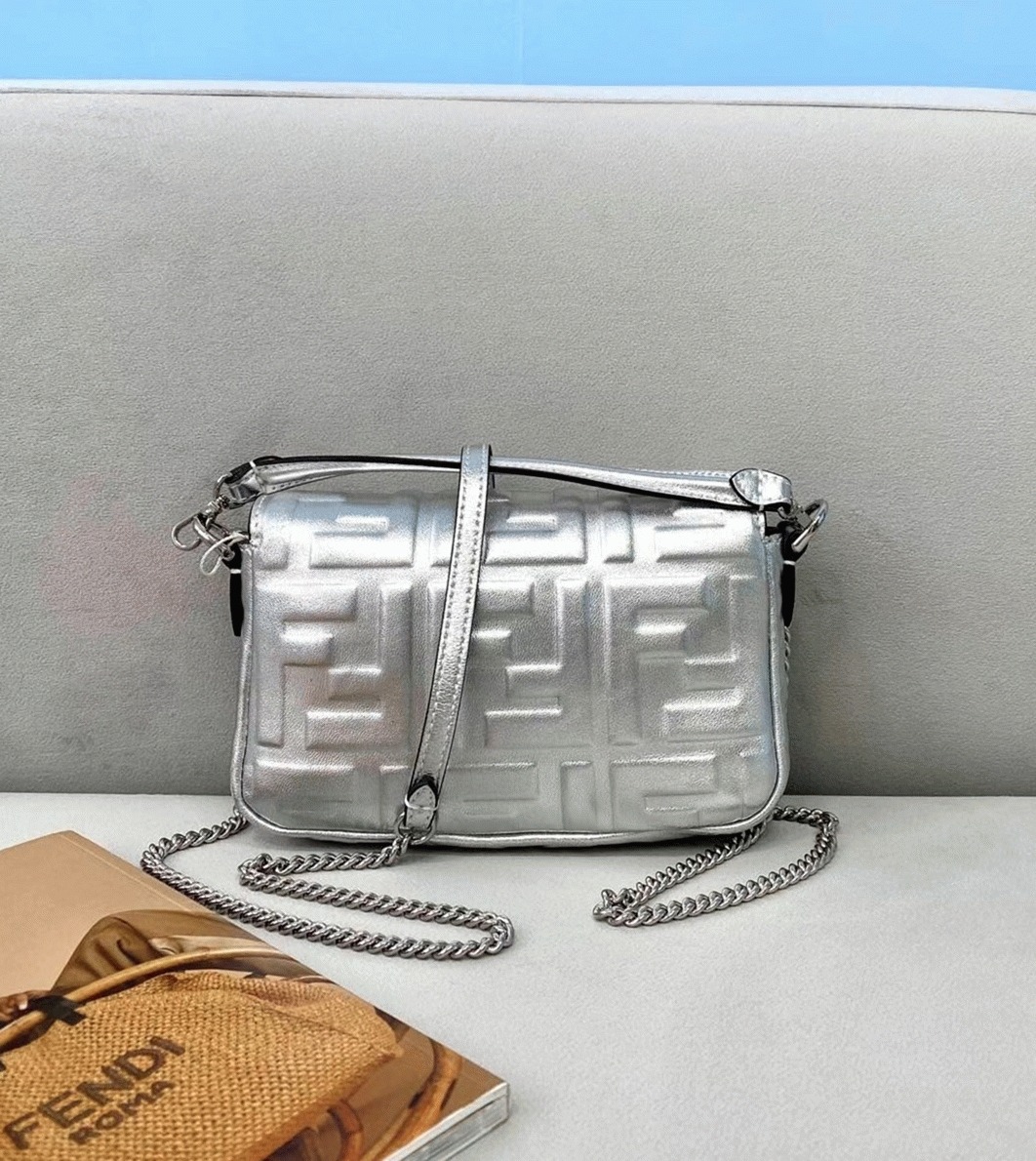 Top Quality Replica Fendi Small Baguette Bag In Silver FF angle 2