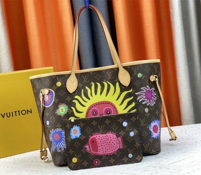 Louis Vuitton X YK Monogram Canvas Neverfull MM Tote With Faces Print angle 2
