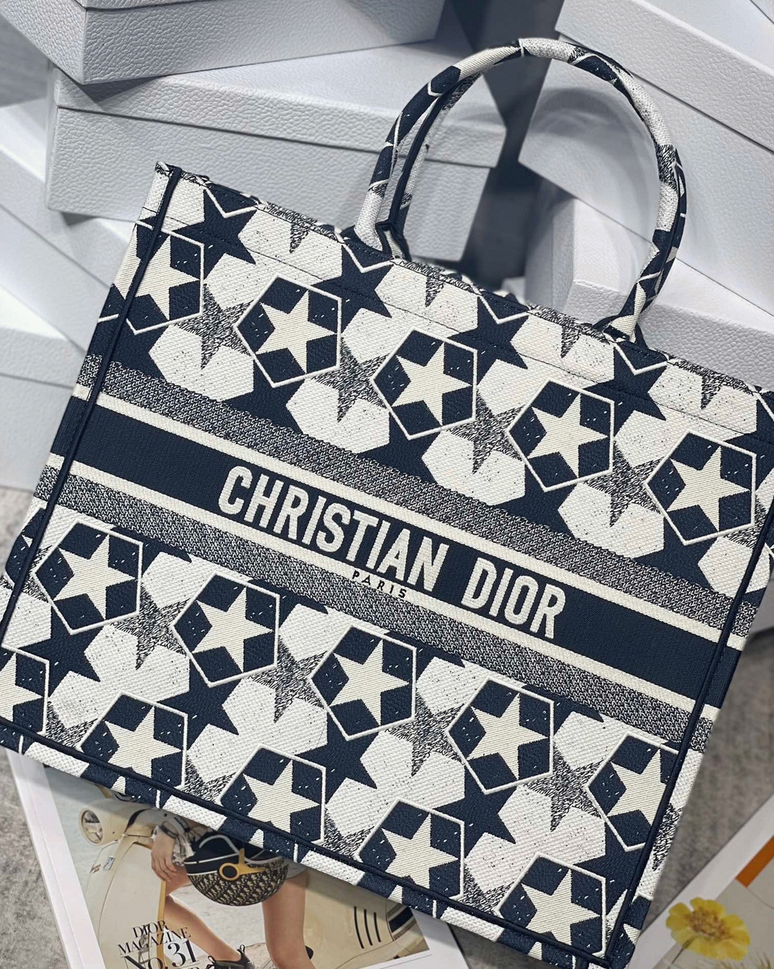 Dior Large Book Tote Bag Knockoff in Blue and White Dior Etoile Embroidery angle 3