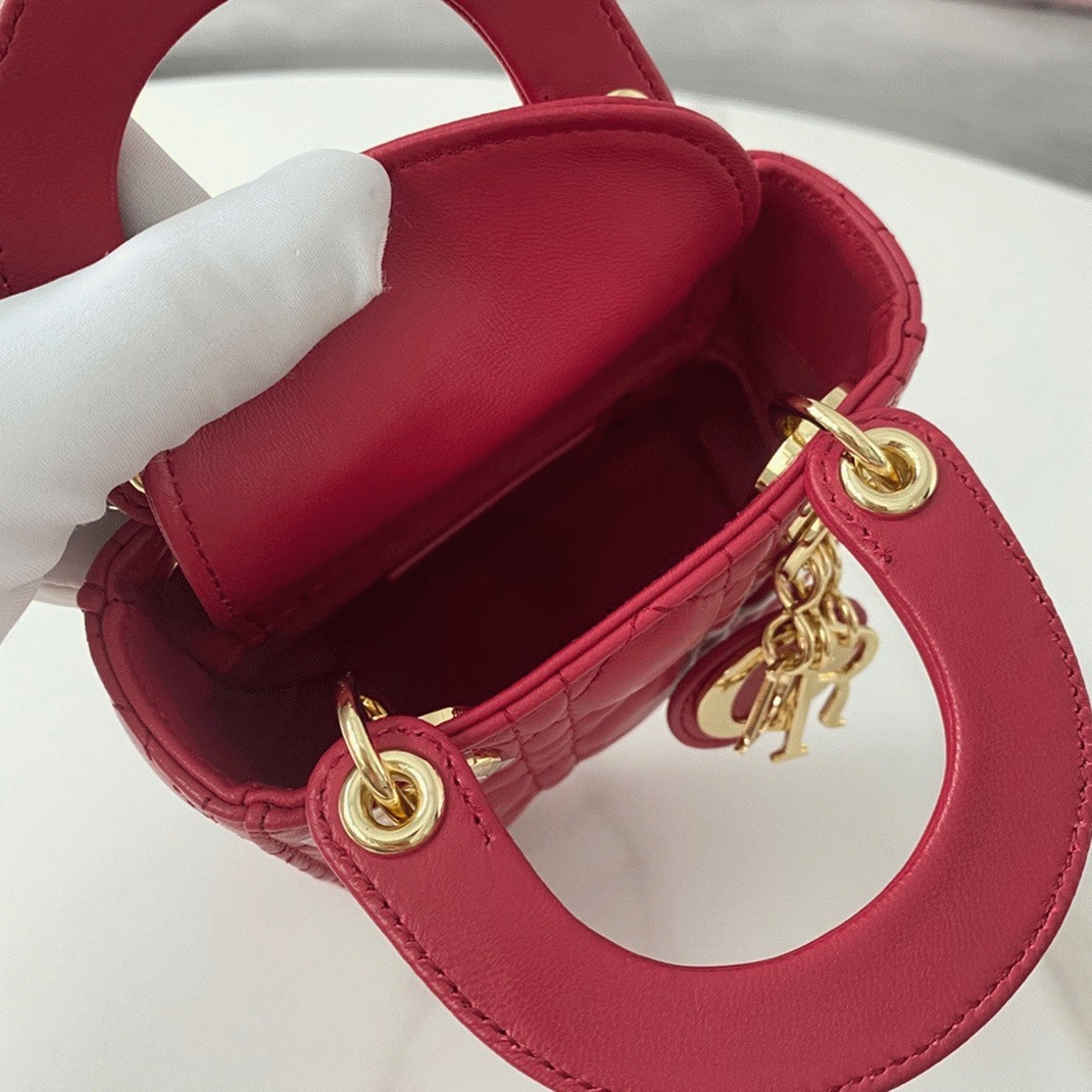Dior Lady Dior Micro Bag Replica in Red Cannage Lambskin angle 5