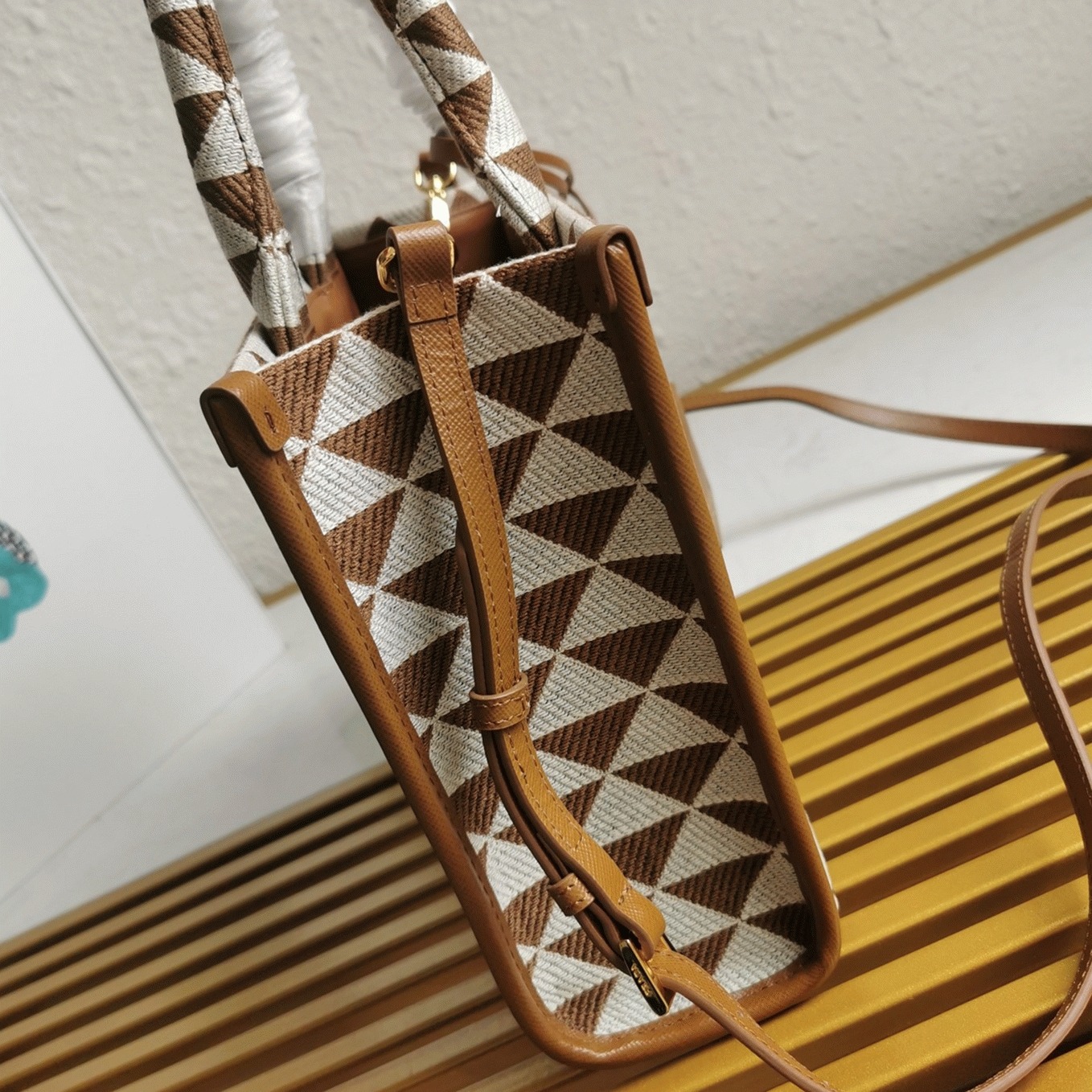 Prada Symbole Large Bag Replica in White/Brown Jacquard Fabric angle 4