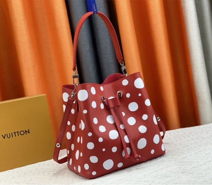 Louis Vuitton X YK Epi Leather NeoNoe MM Red Bag In White Infinity Dots angle 2