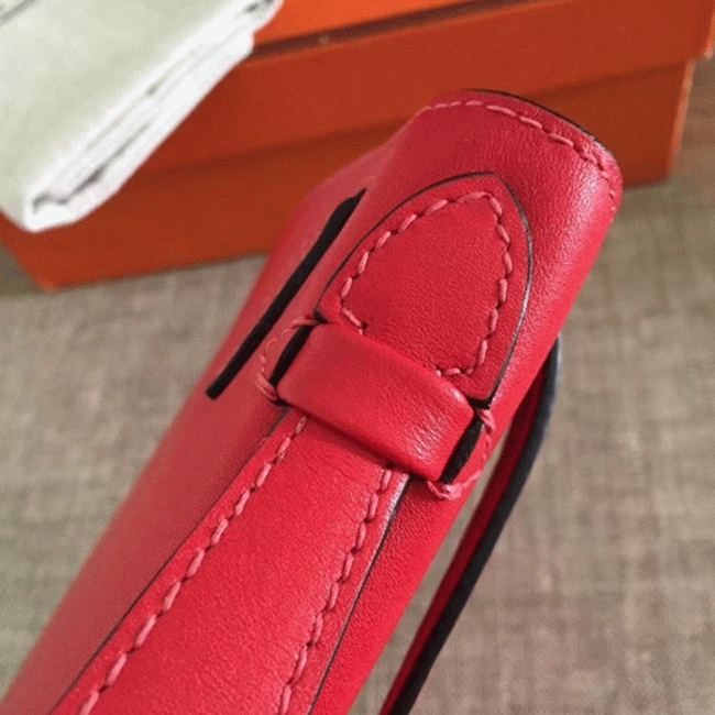 Red Swift Top Fake Hermes Kelly Pochette Statement Clutch angle 5