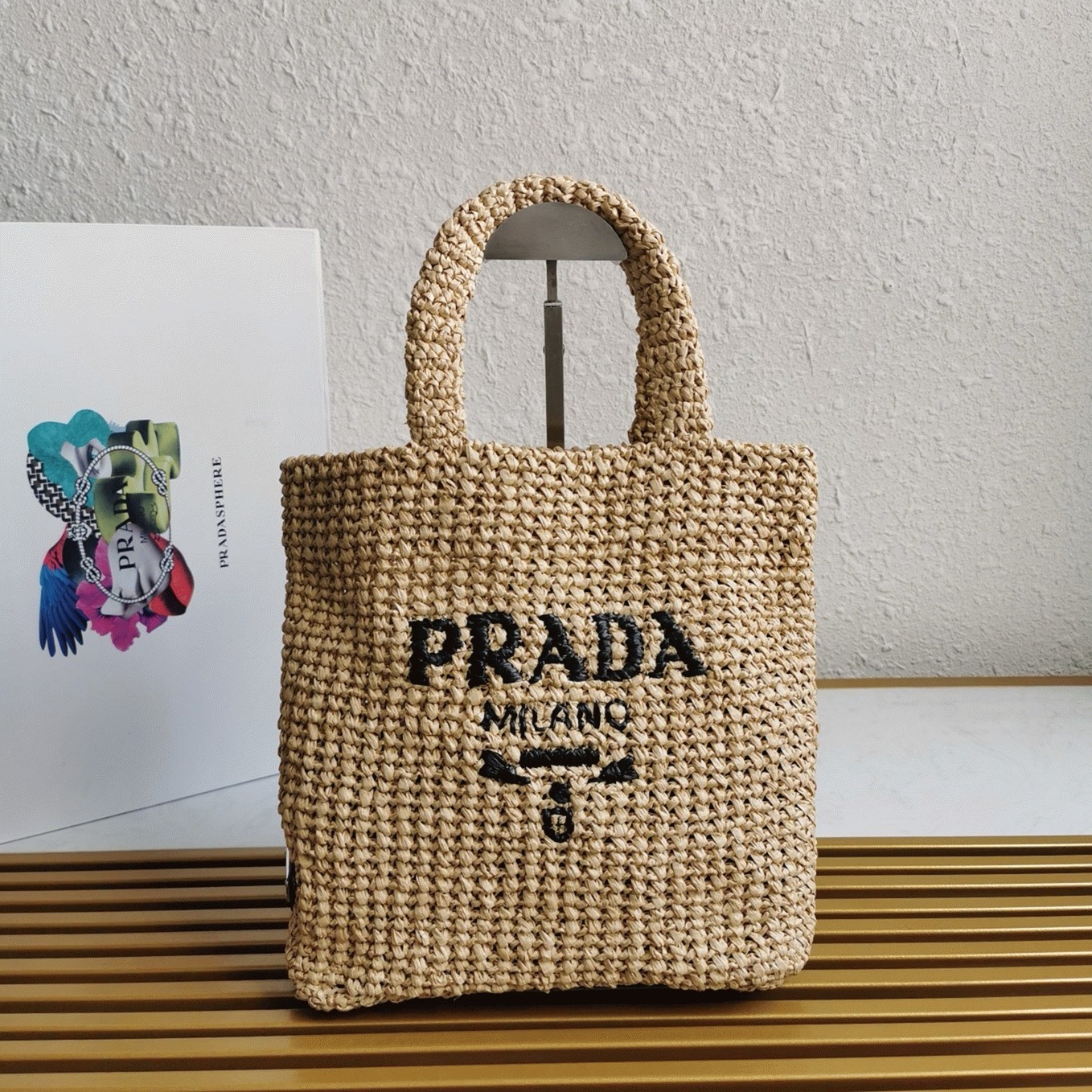 Prada Small Crochet Tote Bag Knockoff in Beige Raffia-effect Yarn angle 2
