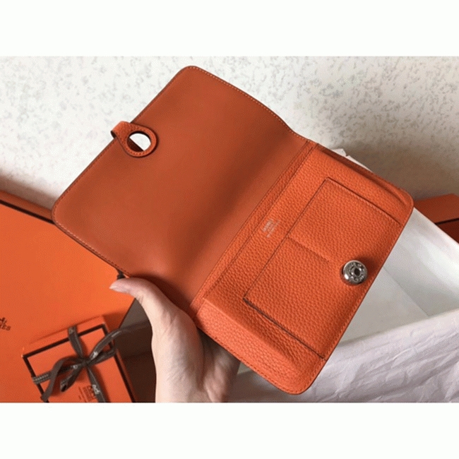 Malachite orange top fake Hermes Dogon duo wallet angle 3