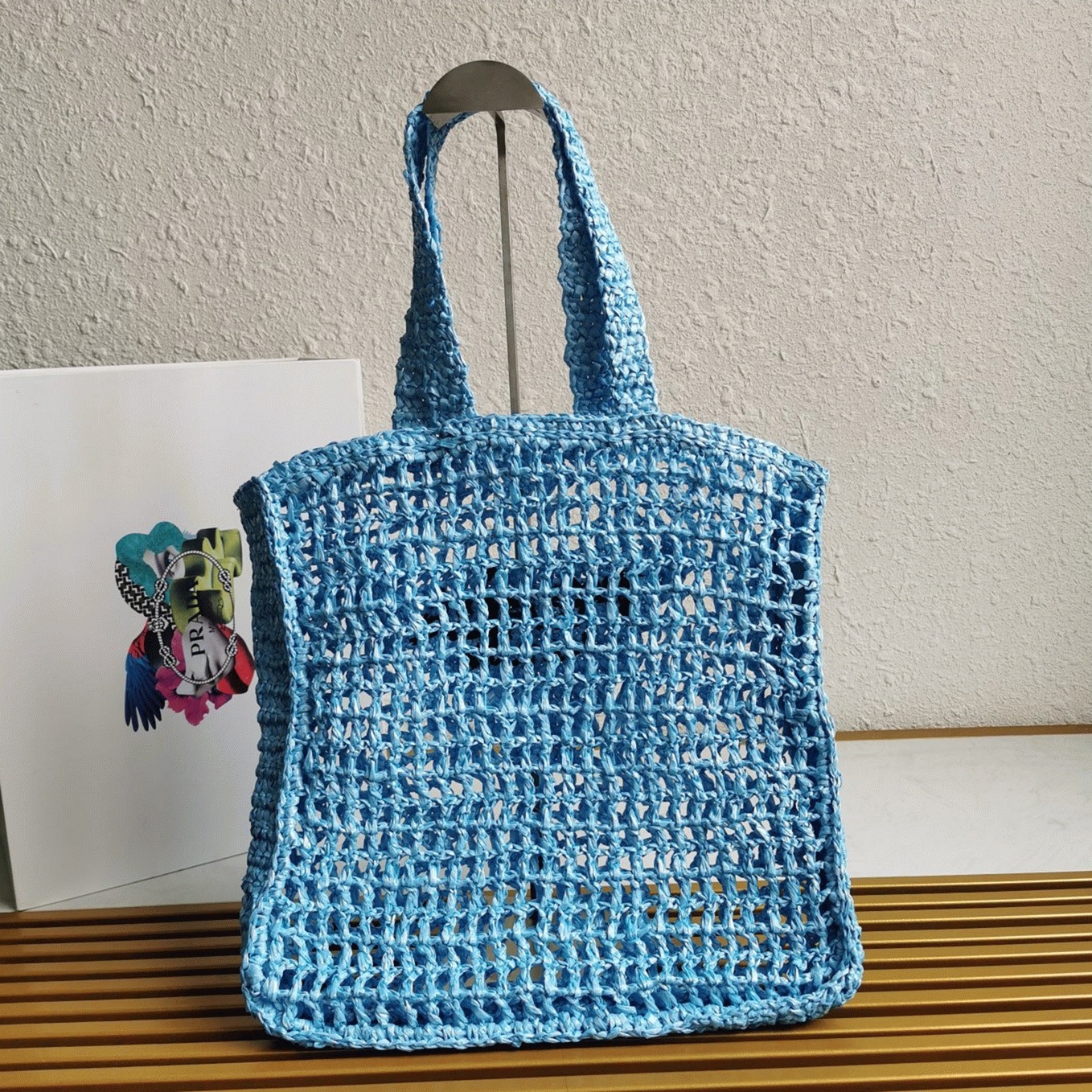 Prada Small Tote Bag Knockoff in Blue Woven Raffia angle 2