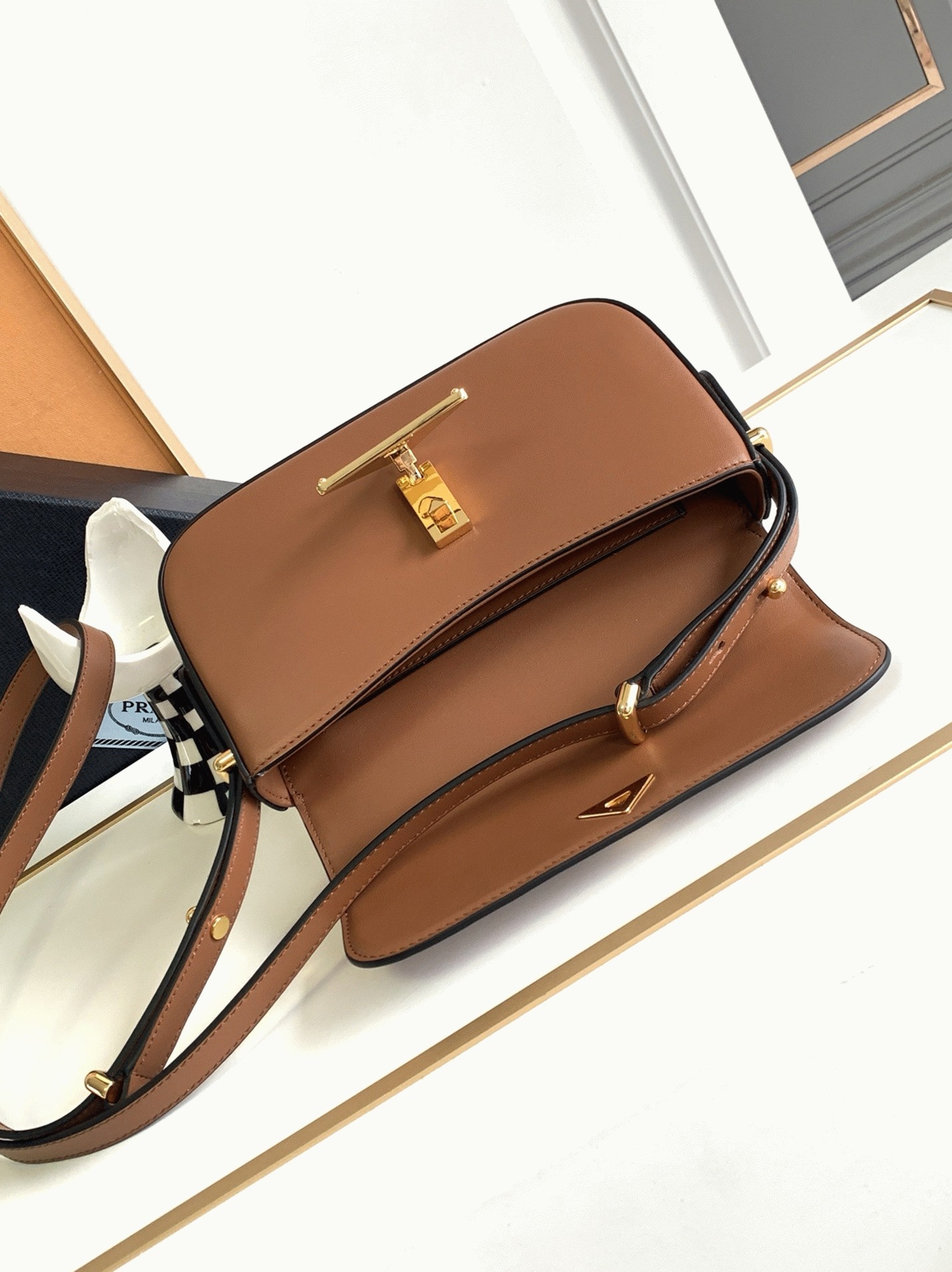 Prada Shoulder Bag Knockoff in Cognac Smooth Calfskin angle 3