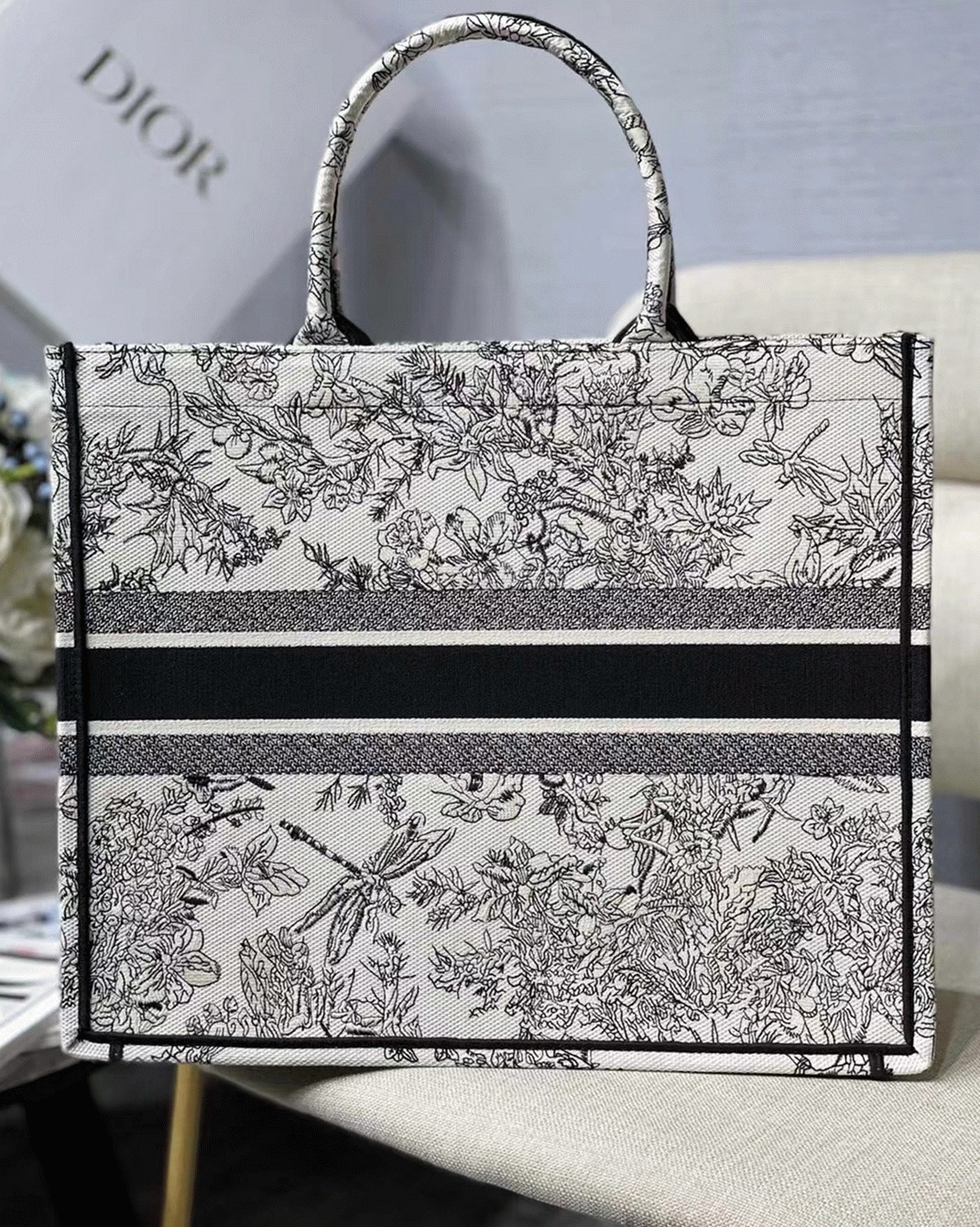 Dior Large Book Tote Bag Replica in Blue Toile de Jouy Flowers Embroidery angle 3
