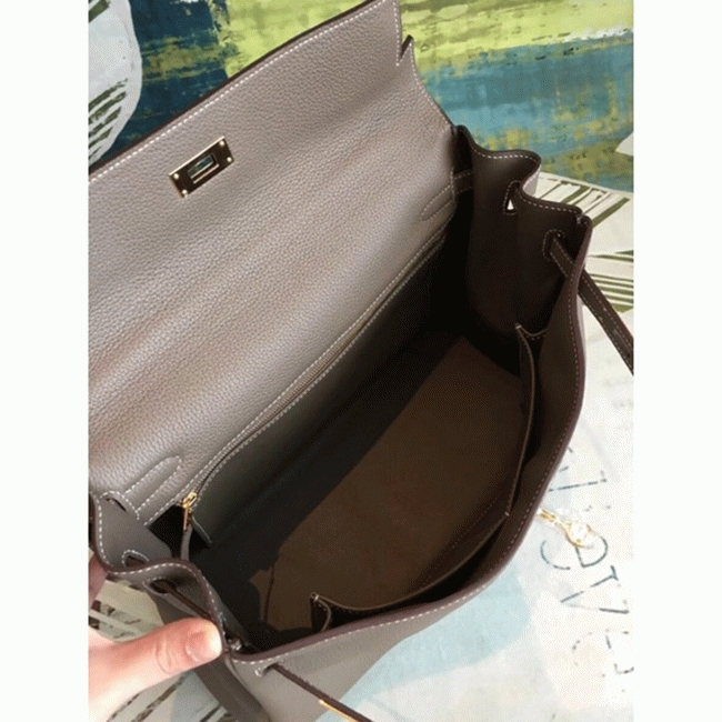 Taupe Clemence Knockoff Hermes Kelly 35cm Soft Leather Tote angle 3