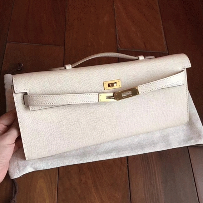 White Epsom Replica Hermes Kelly Cut Clutch Clean Look Bag angle 2