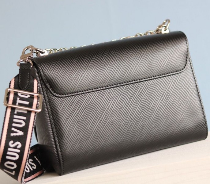 Louis Vuitton Epi Leather Twist MM Bag In Black With Jacquard Strap angle 5