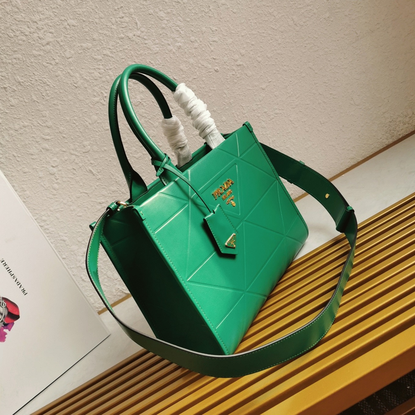Prada Symbole Small Bag Knockoff with Topstitching in Green angle 2