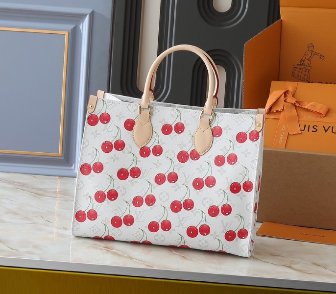 X TM Monogram Cherry Canvas Onthego MM In White Style 1