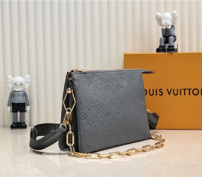 Louis Vuitton Coussin PM Bag In Gray With Jacquard Strap angle 3
