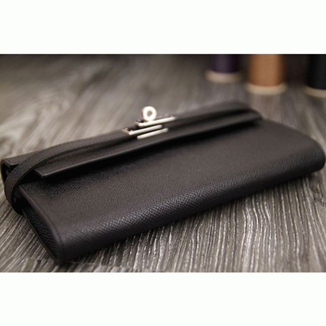 Black knockoff Hermes Kelly Longue wallet angle 3