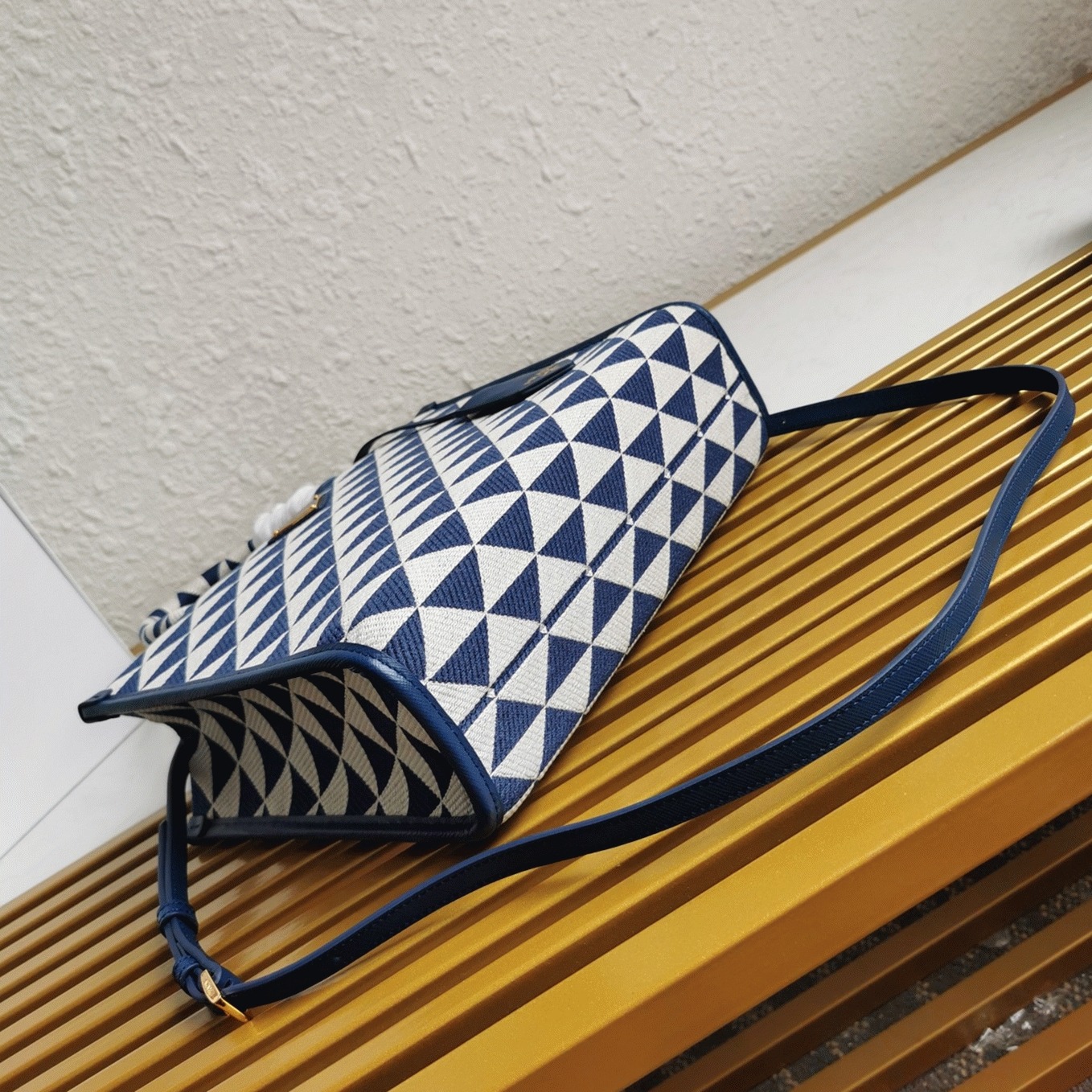 Prada Symbole Small Bag Knockoff in White/Blue Jacquard Fabric angle 2