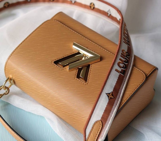 Louis Vuitton Epi Leather Twist MM Bag With Jacquard Strap In Honey Gold angle 4