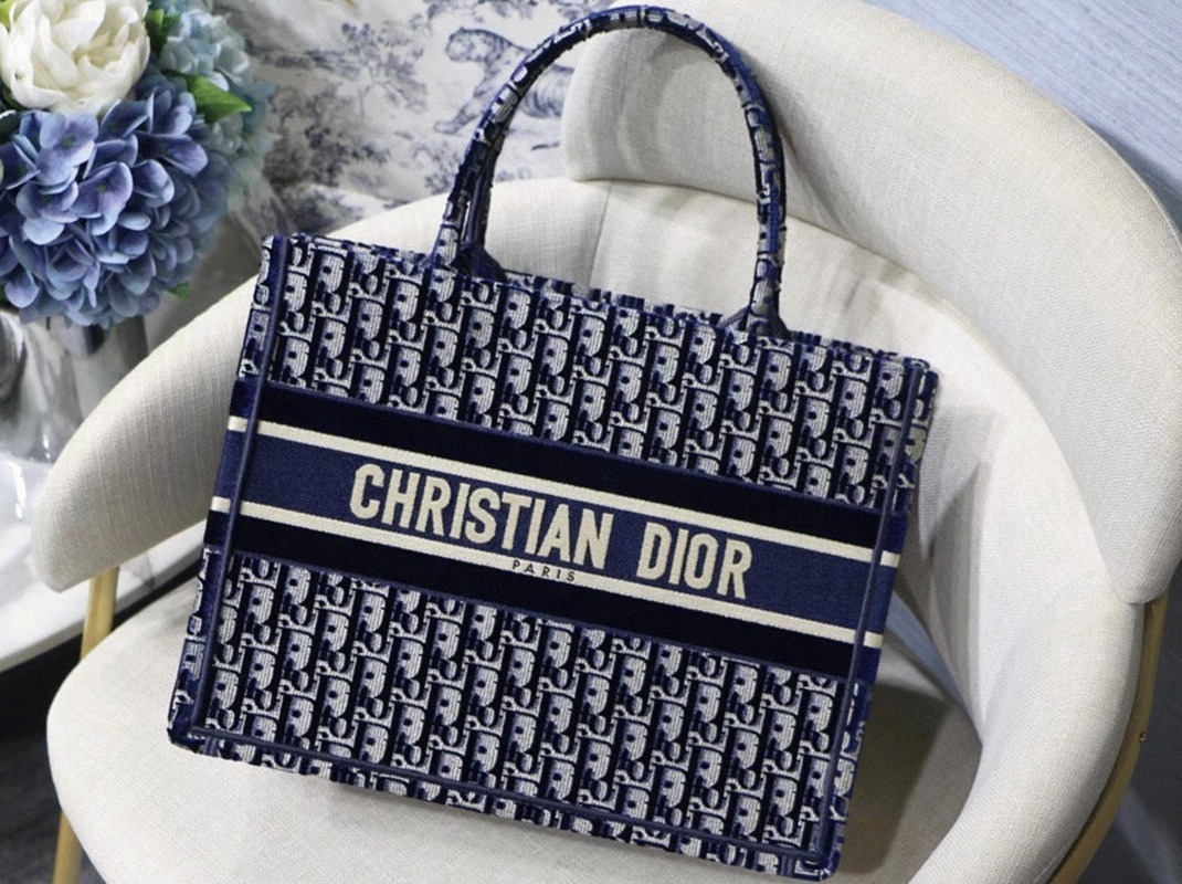 Dior Medium Book Tote Bag Knockoff in Blue Velvet Oblique Embroidered angle 5