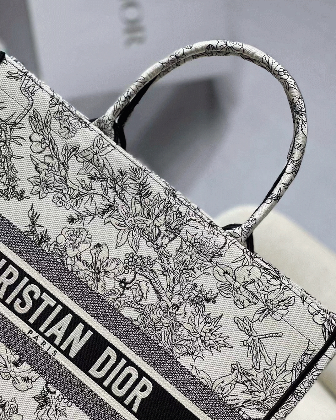 Dior Large Book Tote Bag Replica in Blue Toile de Jouy Flowers Embroidery angle 2