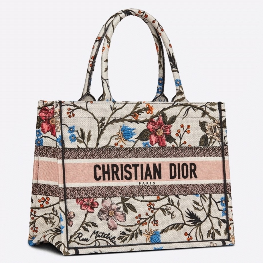 Dior Medium Book Tote Bag Fake in Multicolor Rosa Mutabilis Embroidery