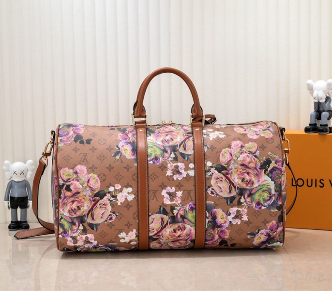 Louis Vuitton Keepall Bandouliere 50 Travel Bag In Brown With Floral Pattern angle 4
