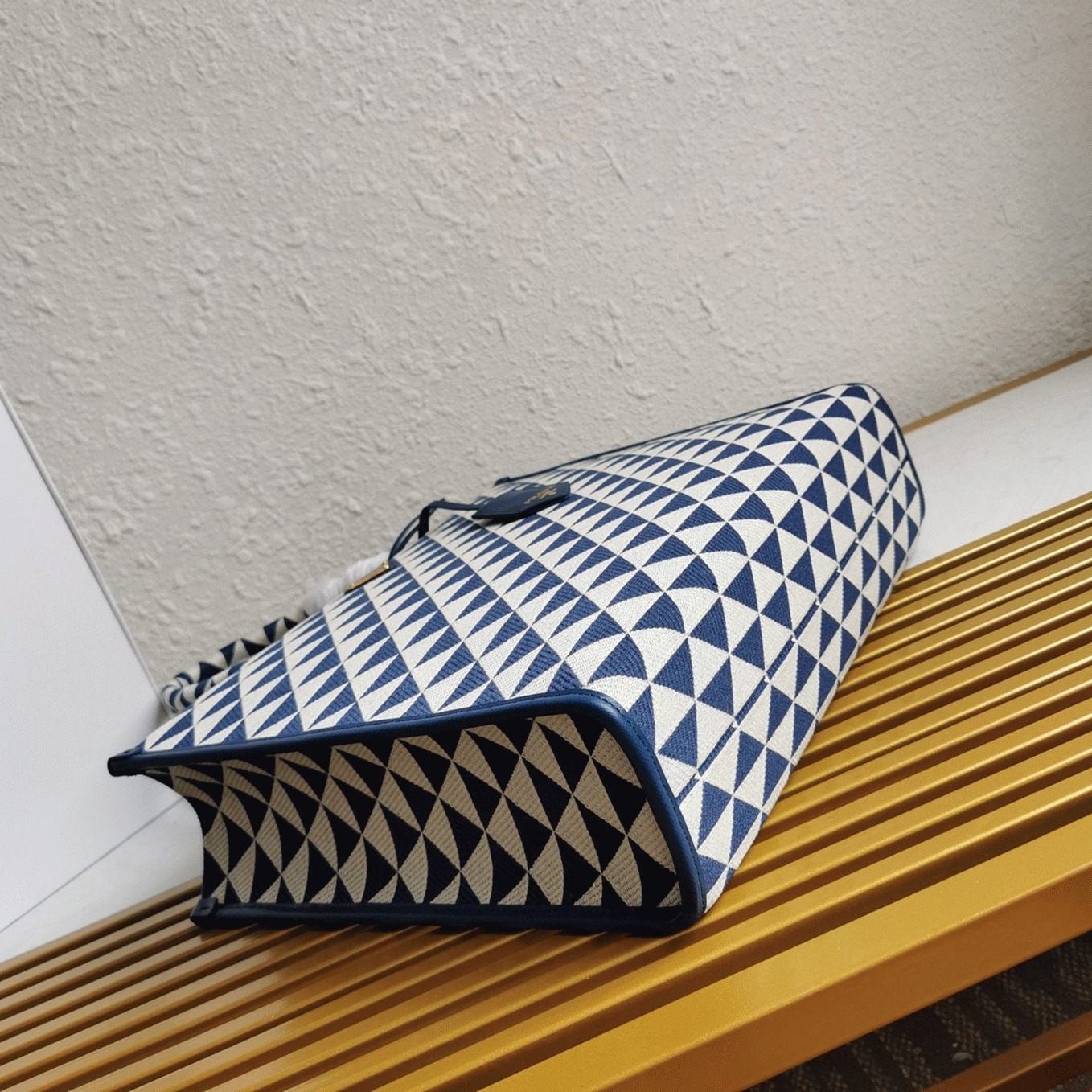 Prada Symbole Large Bag Fake in White/Blue Jacquard Fabric angle 4