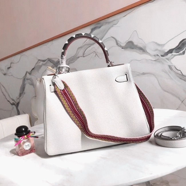 White Hermes Kelly 28cm Knockoff Bag with Zigzag Handle angle 2