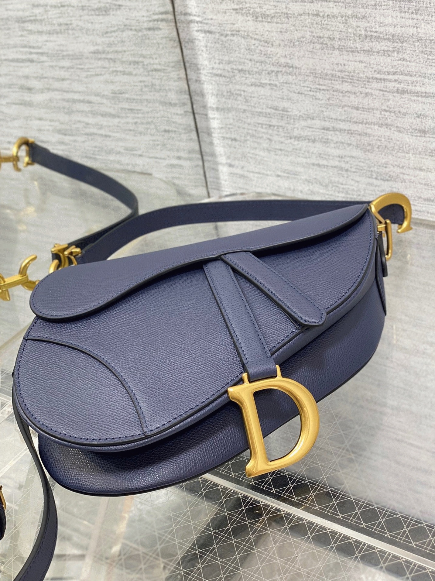 Dior Saddle Bag with Strap Replica in Indigo Blue Grained Calfskin angle 5