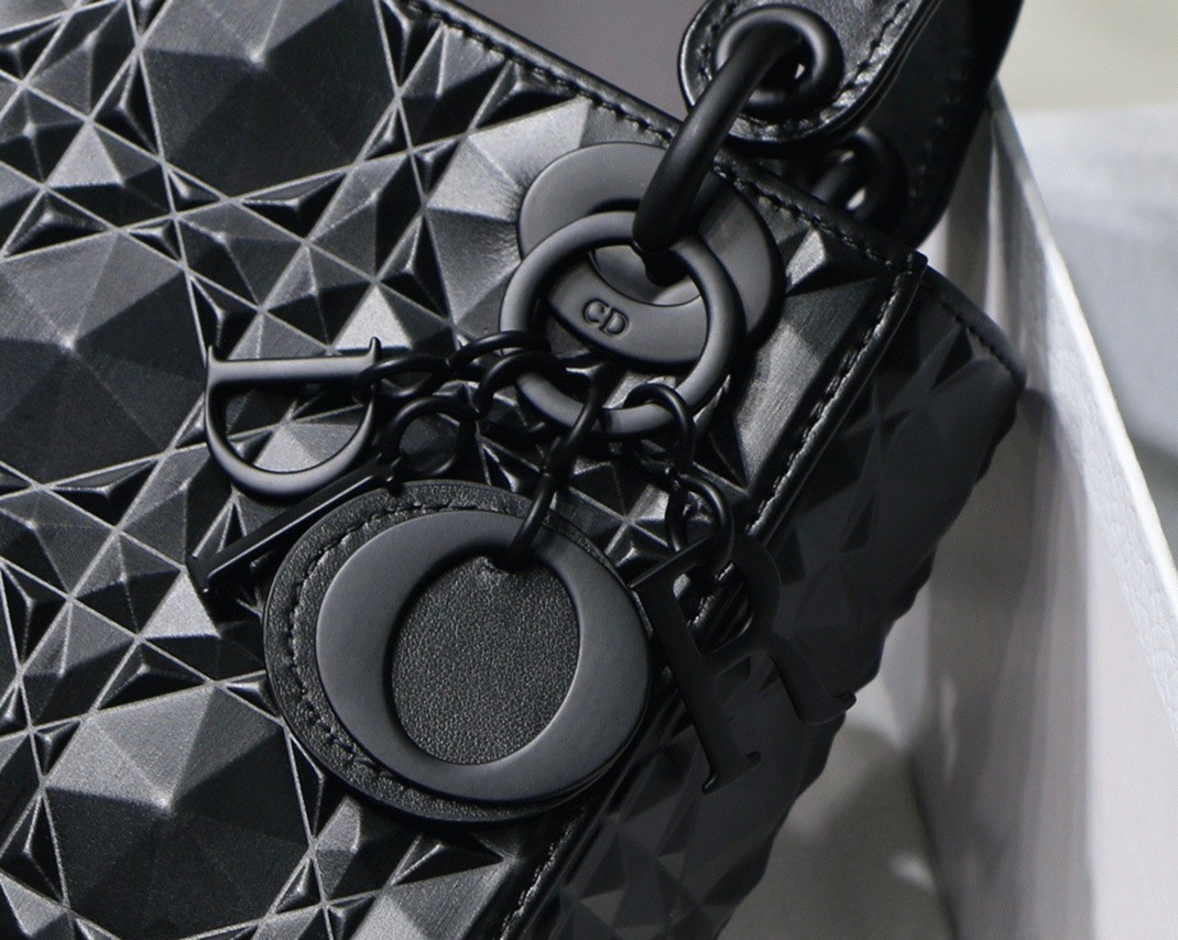 Dior Lady Dior Mini Bag in Black Calfskin with Diamond Motif angle 2