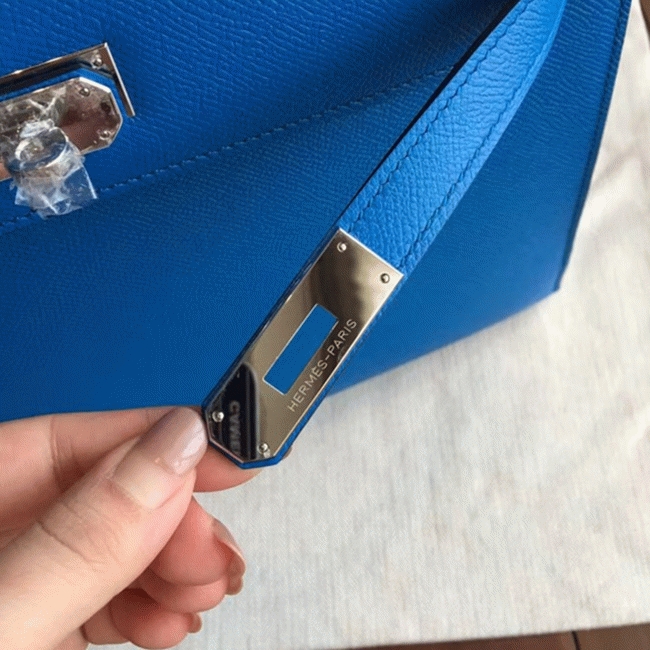 Blue Epsom Fake Hermes Kelly 32cm Sellier Fashion Handbag angle 2