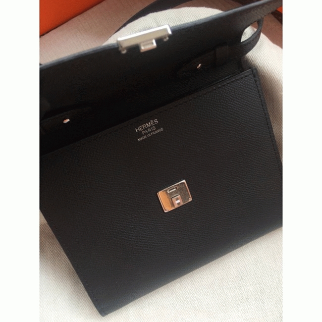 Black replica Hermes Clic wallet with strap angle 2