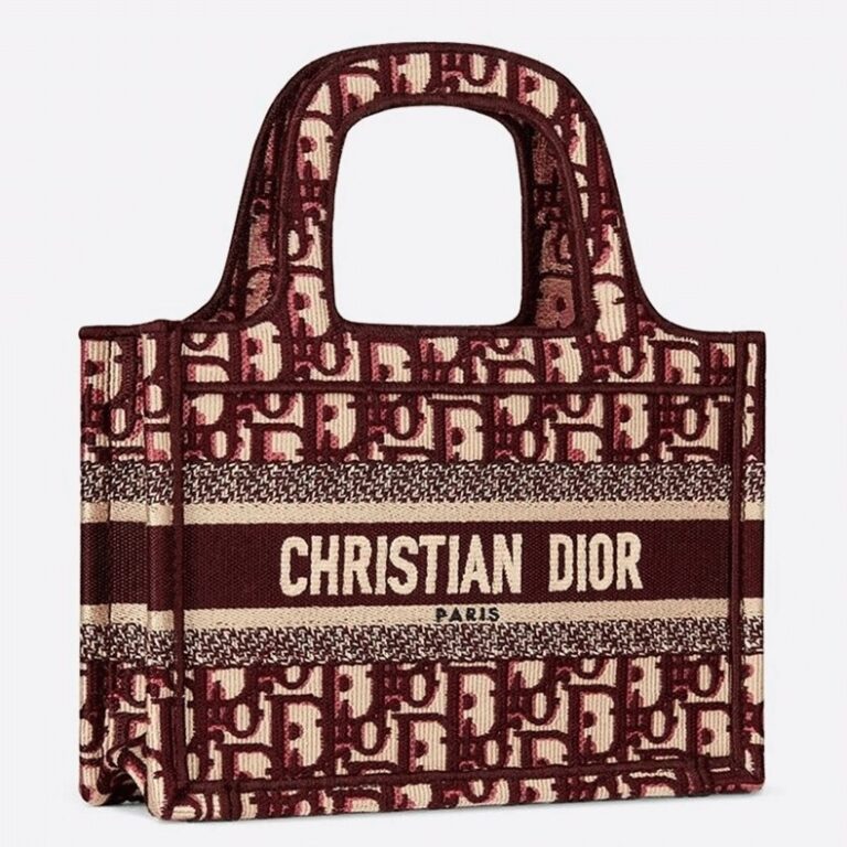 Dior Mini Book Tote Bag Replica in Bordeaux Velvet Oblique Embroidered