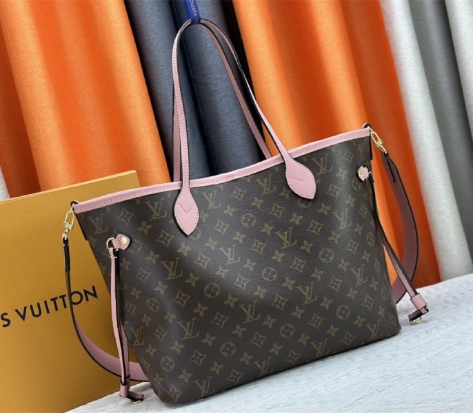 Louis Vuitton Neverfull Bandouliere Inside Out MM Tote In Monogram Canvas And Peony Pink Textile And Leather angle 2