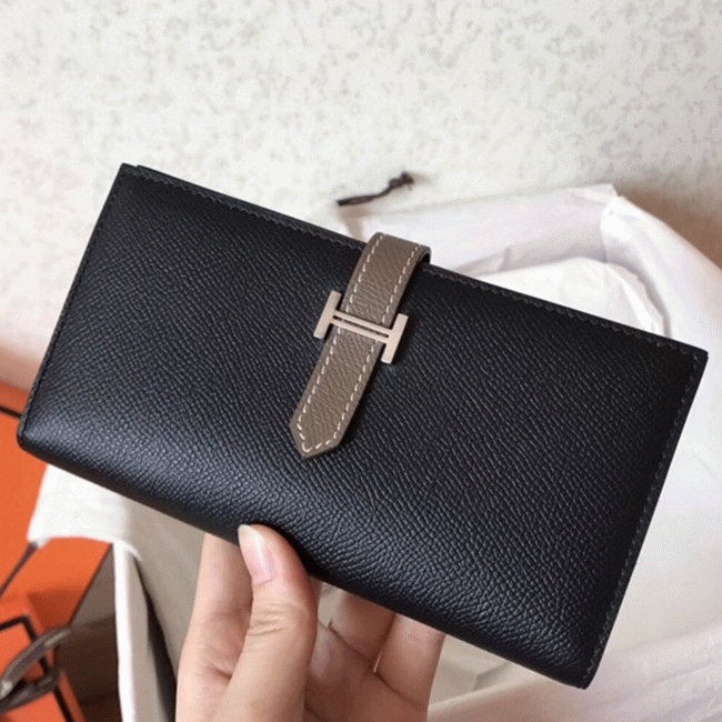Black Taupe Fake Hermes Bearn Wallet