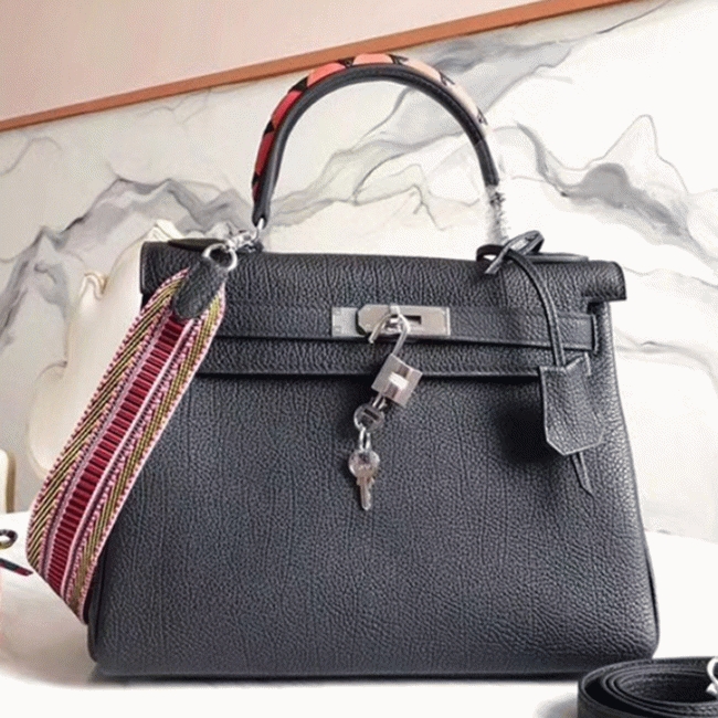 Black with Zigzag Handle Replica Luxury Hermes Kelly 28cm Stylish Purse