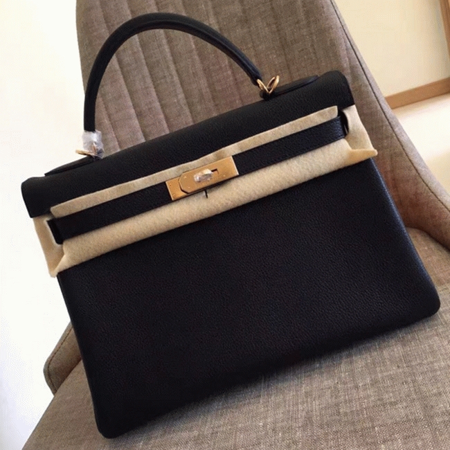 Black Clemence Copy Hermes Kelly Retourne 28cm Luxe Handbag